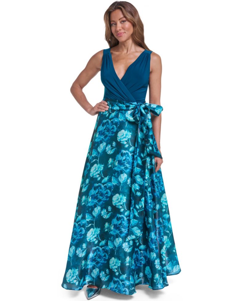 Women's Wrap Surplice Ball Gown Dress with Sash