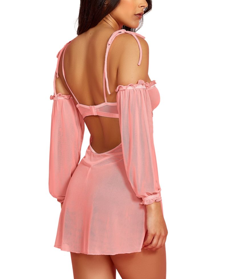 Women’s 2-Piece Babydoll Lingerie Set in Sheer Soft Mesh and Attached off the Shoulder Sleeves