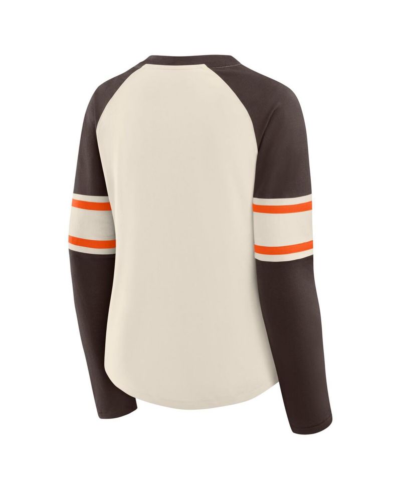 Women's Cream/Brown Cleveland Browns Hometown Gridiron Hero Raglan Lace-Up V-Neck Long Sleeve T-Shirt