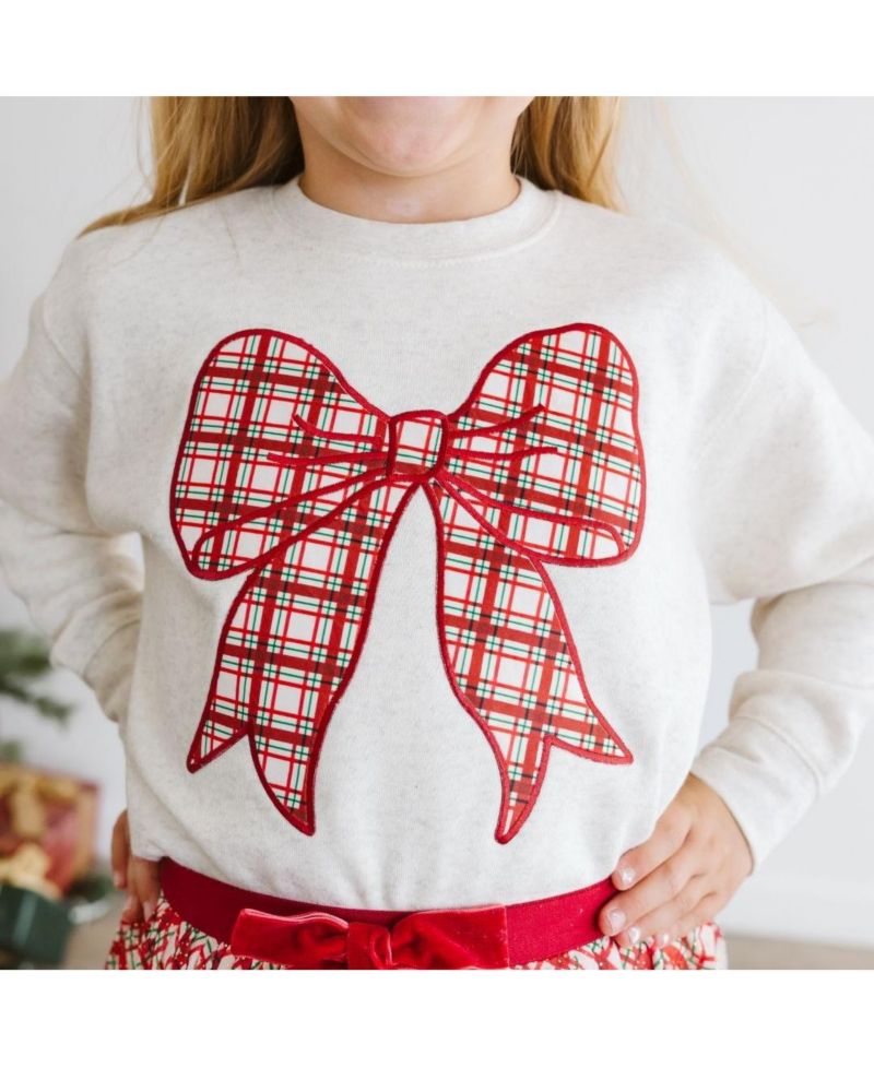 Little Girls Christmas Plaid Bow Patch Sweatshirt