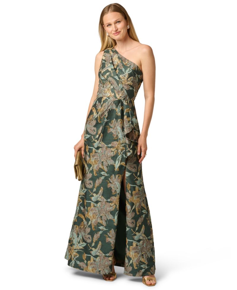 Petite Floral-Jacquard One-Shoulder Gown