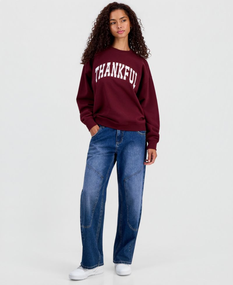 Juniors' Thankful Embroidered Sweatshirt