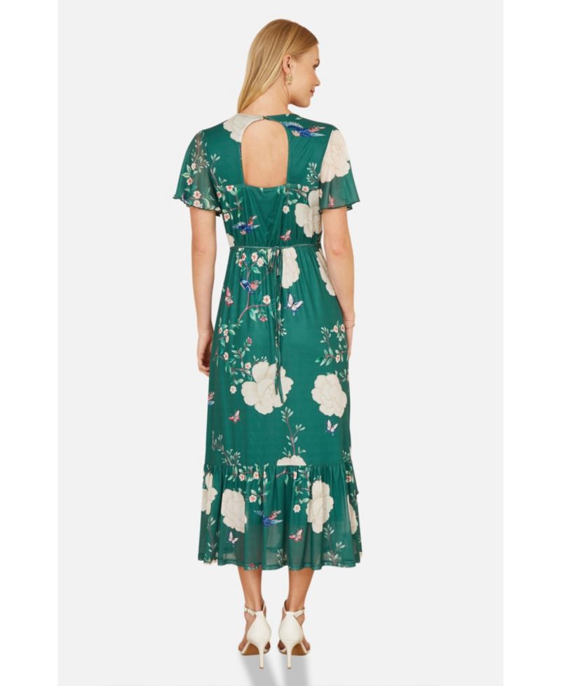 Women's Mesh Bird And Floral Print Midi Dress