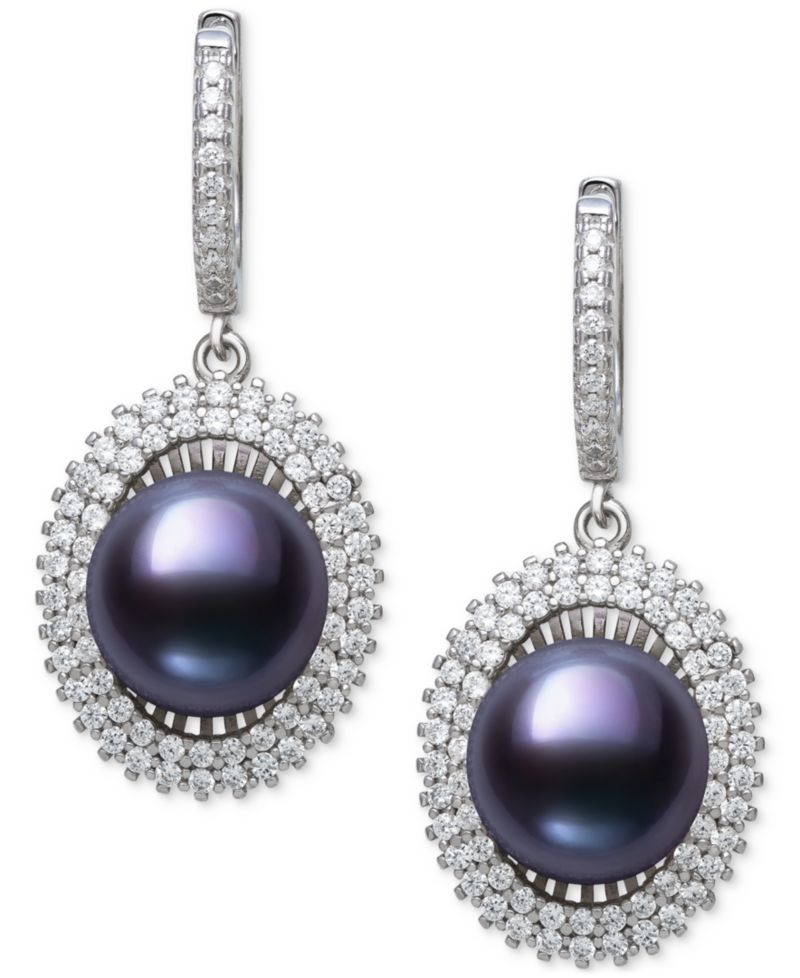 Peacock Black Cultured Freshwater Pearl & Cubic Zirconia Halo Drop Earrings in Sterling Silver (Also in White Cultured Freshwater Pearl)