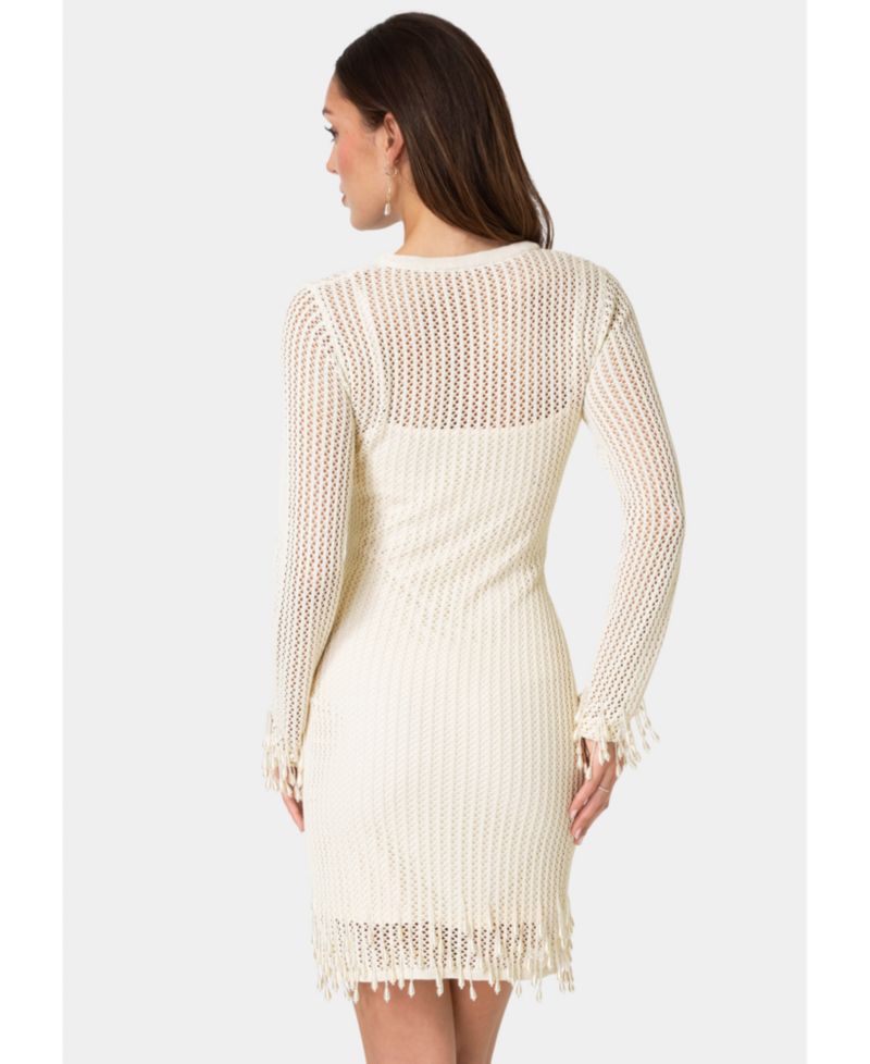 Women's Pearl Embellished Crochet Mini Long-Sleeve Dress