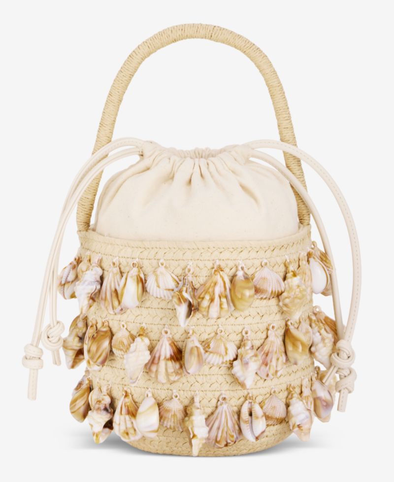 Shell Embellished Straw Bucket Bag