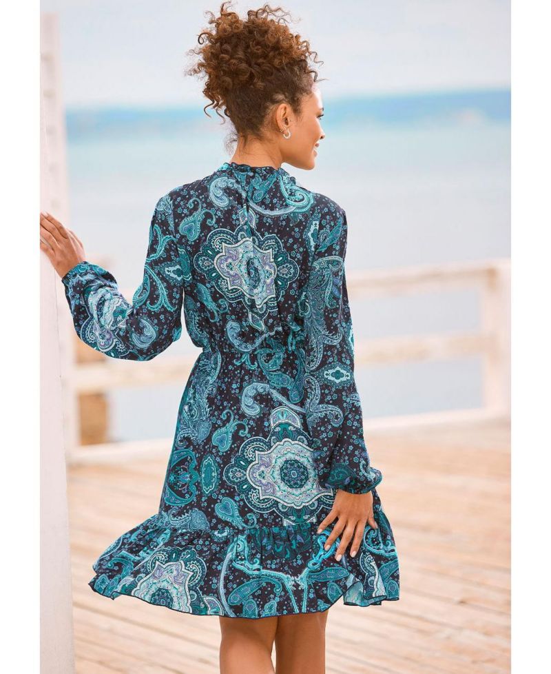Women's Viscose Paisley Print High Neck Ruffle-Trim Short Dress