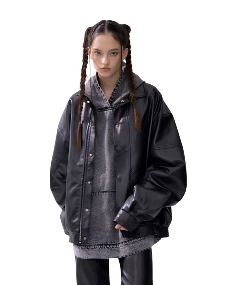 Women's Zip Up Ruched Leather Jacket