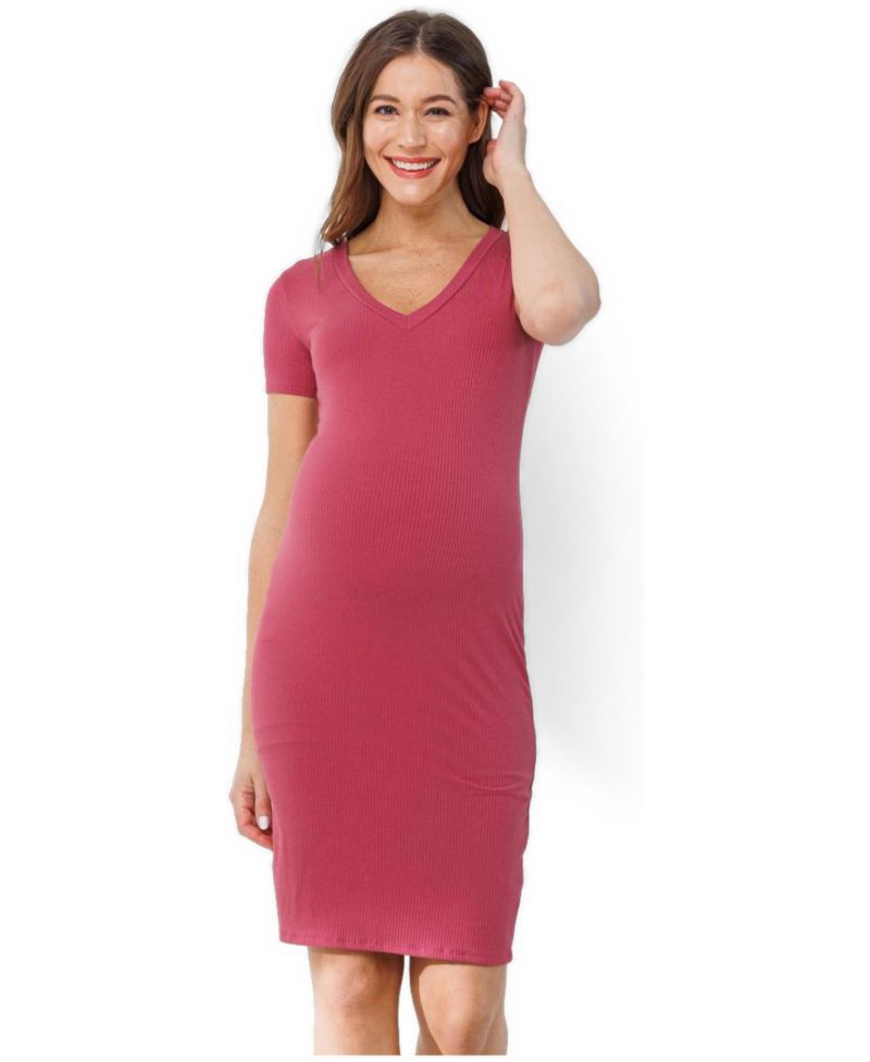Women's Ribbed Bodycon Short Sleeve V-Neck Dress