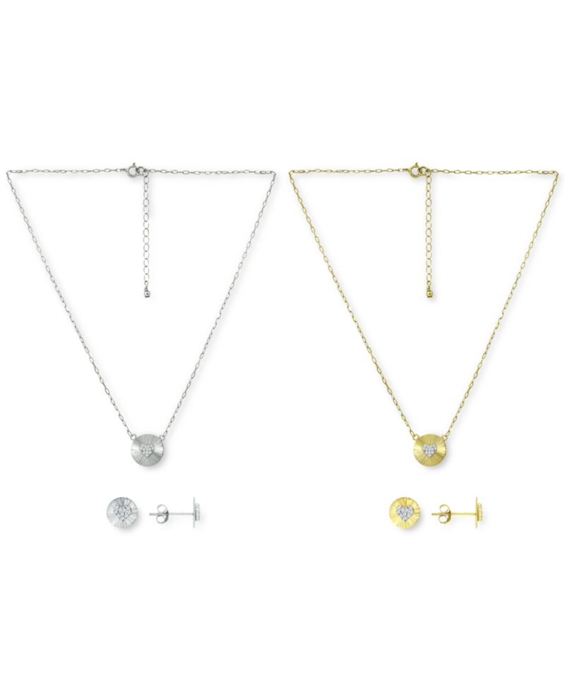 Cubic Zirconia Heart Cluster Disc Pendant Necklace & Stud Earrings Jewelry Collection