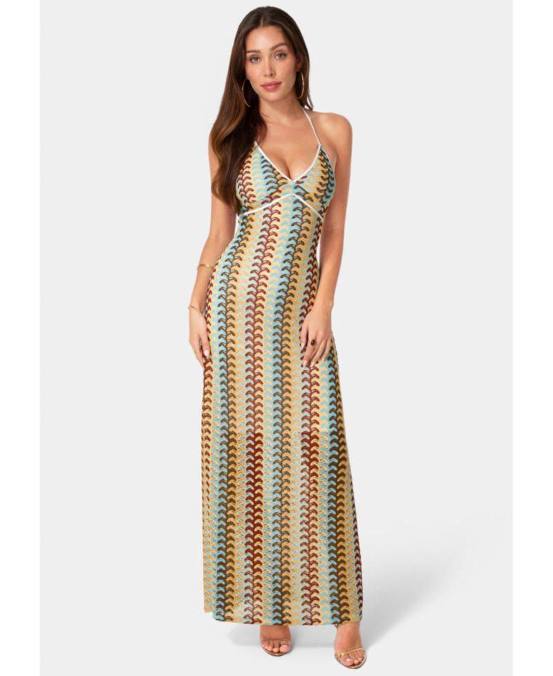 Women's Crochet Stripe Halter A-Line Maxi Dress