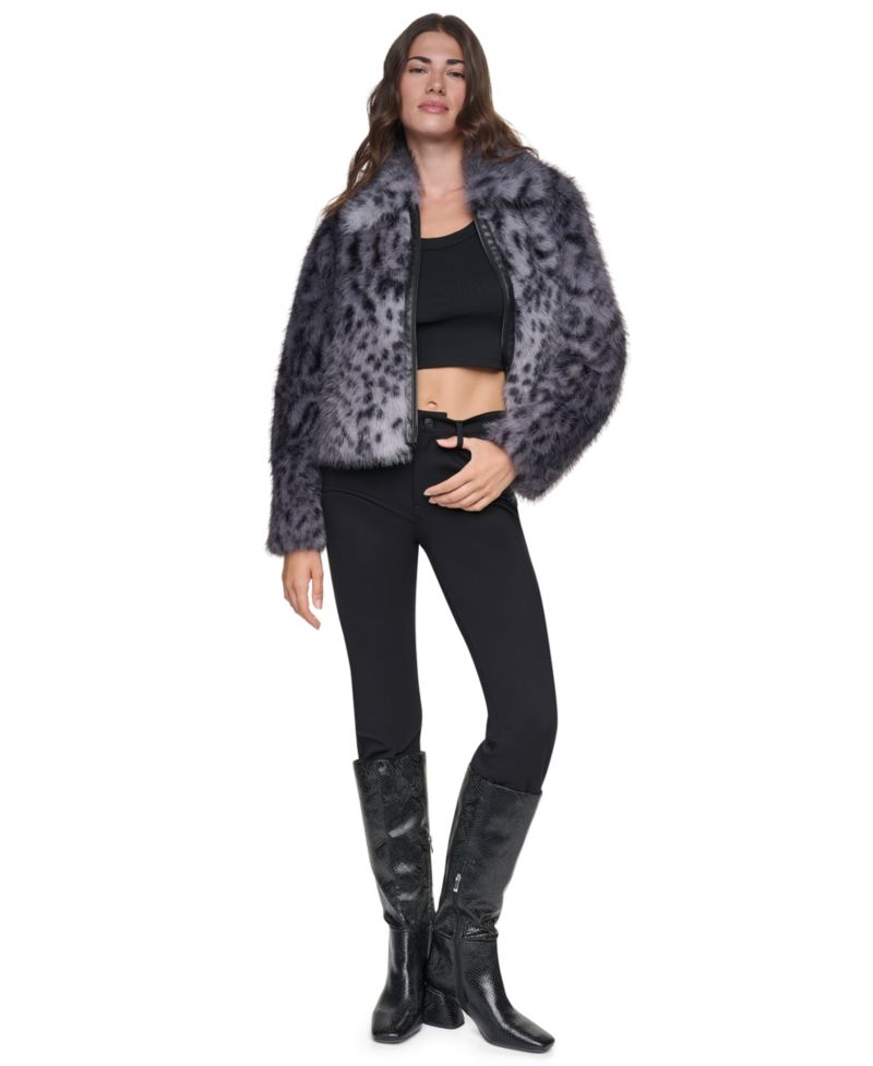 Women's Long-Sleeve Faux Fur Animal Print Jacket
