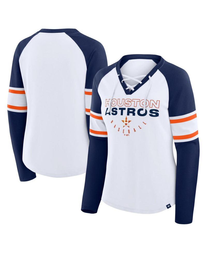 Women's White/Navy Houston Astros Blitz Package Raglan Lace-Up V-Neck Long Sleeve T-Shirt