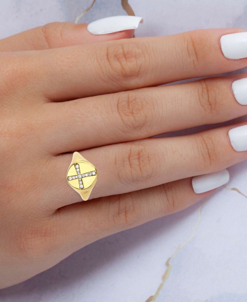 Cubic Zirconia Pav&eacute; Cross Polished Signet Ring