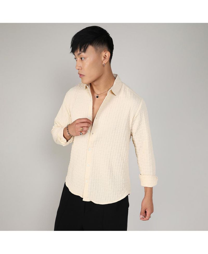 Men's Pale Yellow Textured Weave Shirt