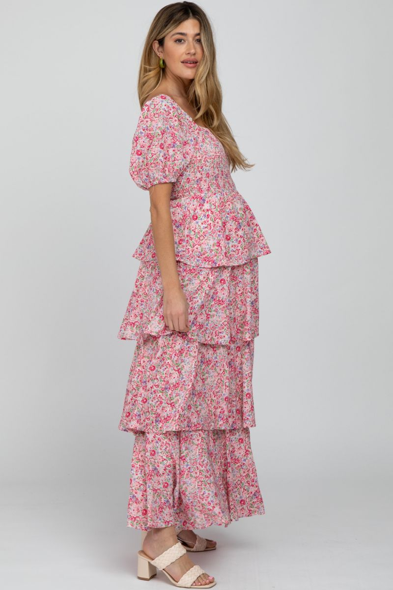 Women's Pink Floral Square Neck Ruffle Layered Maxi Dress