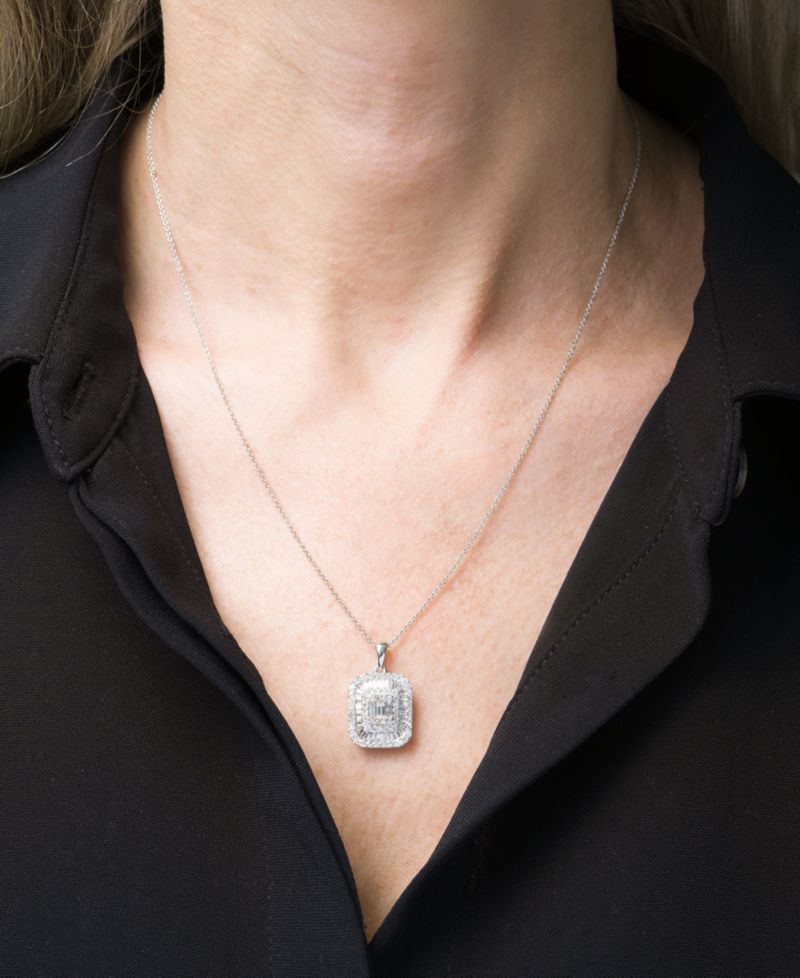 Diamond Round & Baguette Square Halo Cluster Pendant Necklace (1 ct. t.w.) in 14k White Gold, 16" + 2" extender