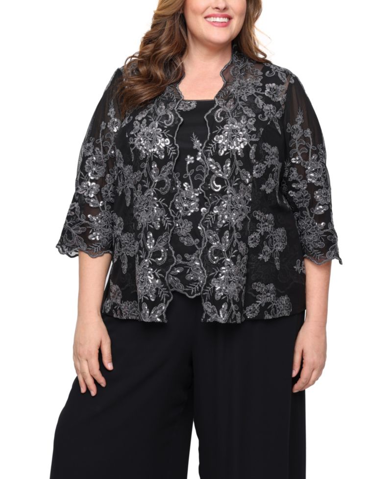 Plus Size 3/4-Sleeve Embroidered Jacket and Tank Twinset