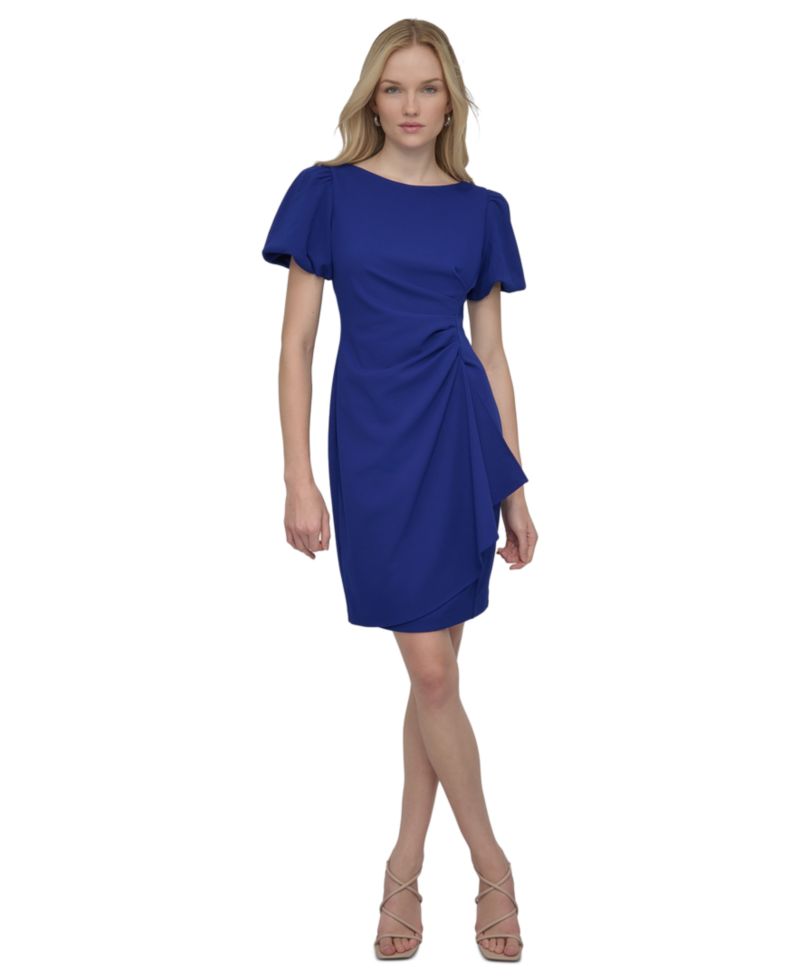Women's Bubble-Sleeve Scuba Crepe Ruched Sheath Dress