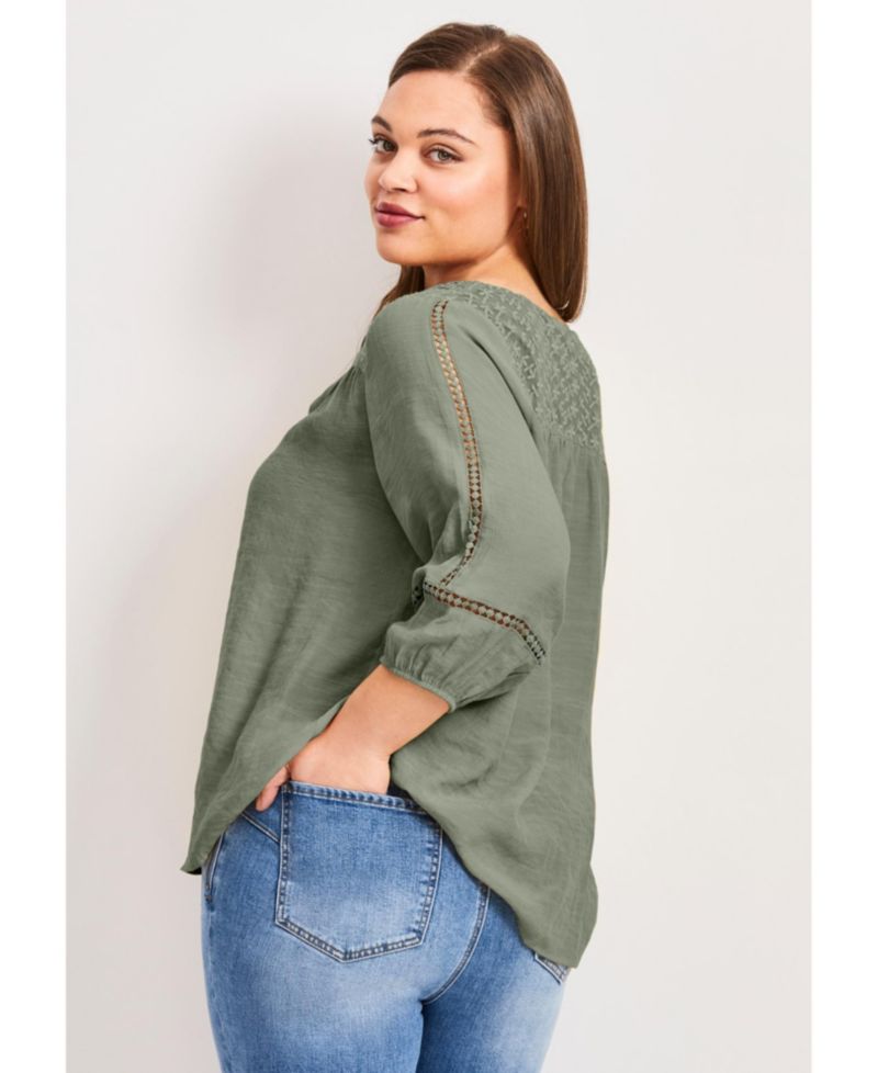 Women's Plus Size Embroidered Lace Detail Peasant Blouse