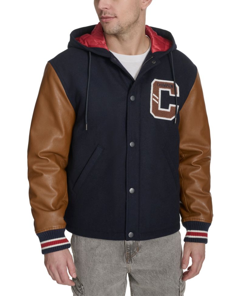 Men's Mixed Media Hooded Varsity Jacket