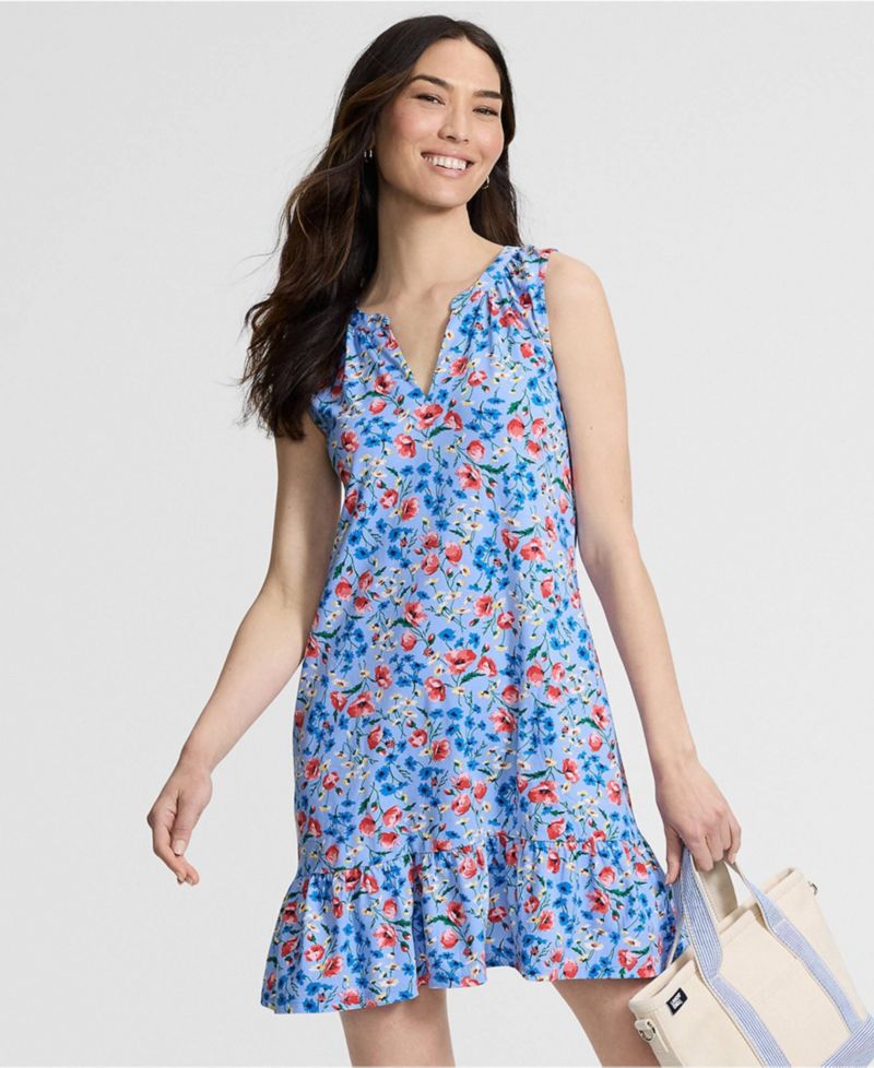 Women's Sleeveless Cotton Jersey Notch Neck Flounce Dress