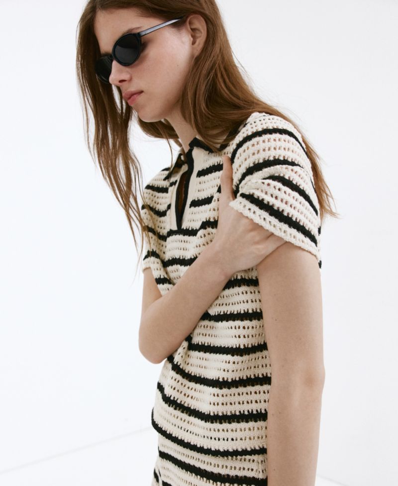 Women's Striped Crocheted Polo Top