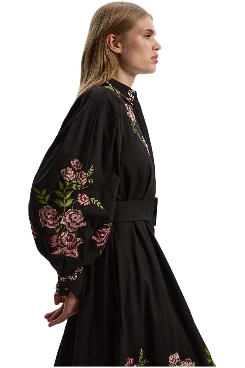 Women's Rose Embroidered Cotton Shirt Dress