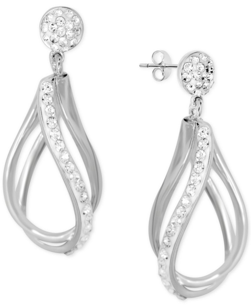 Crystal Double Teardrop Hoop Earrings in Silver-Plate