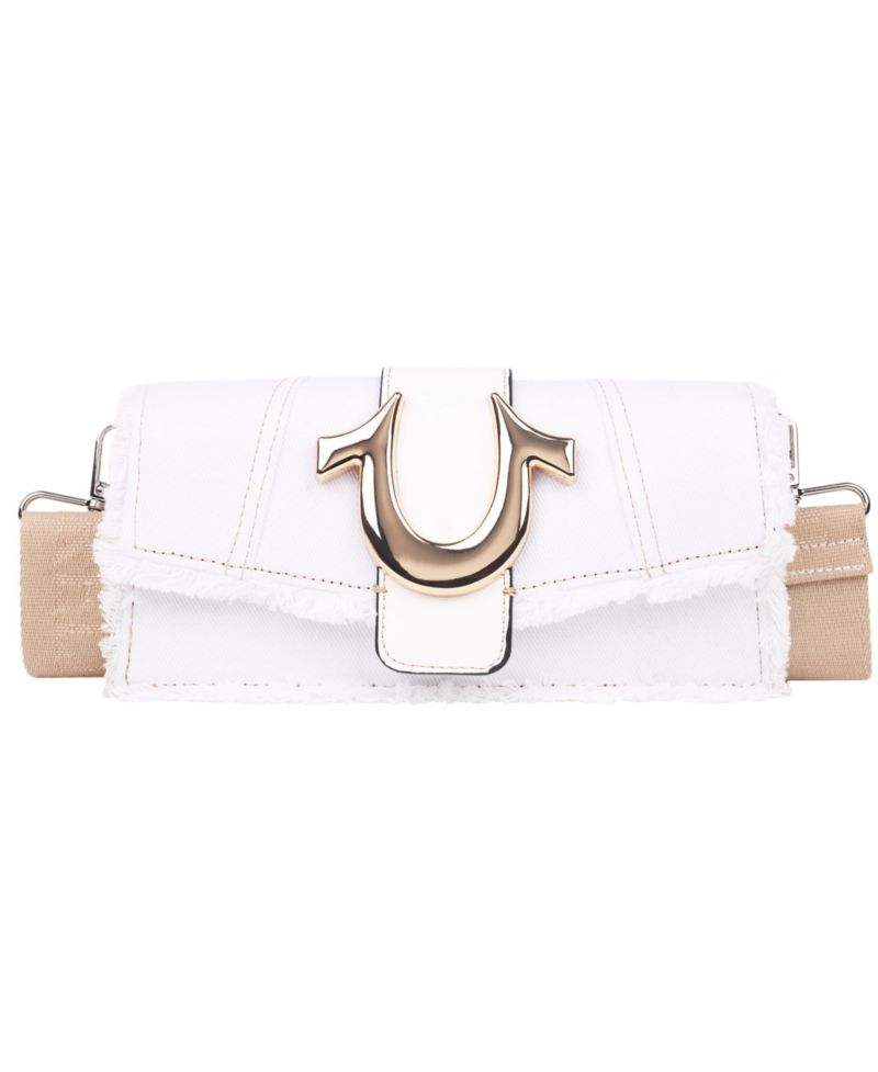 Frayed Denim Flap Bag with Logo Strap