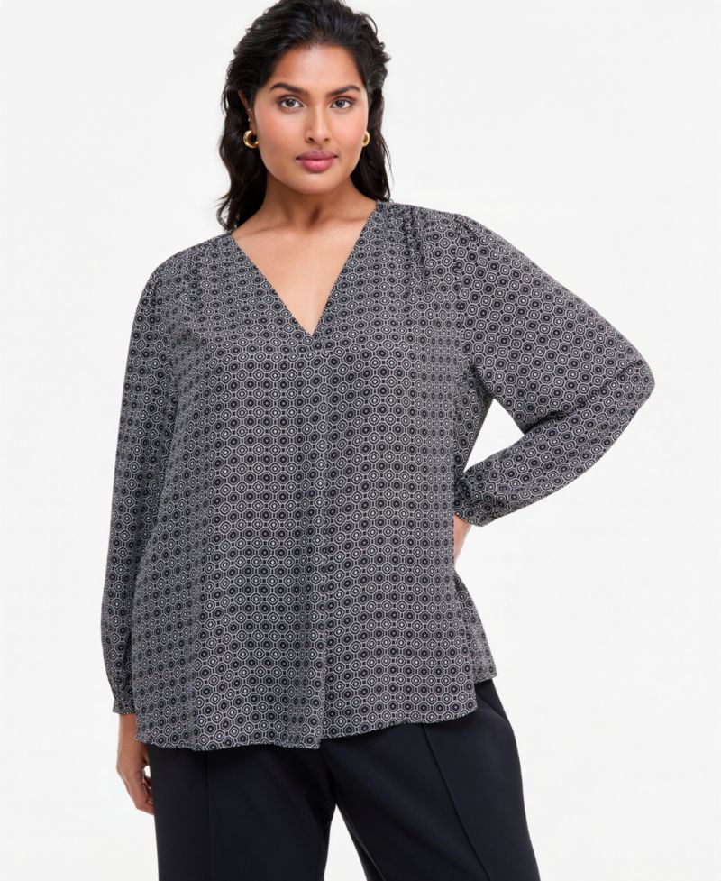 Plus Size Long-Sleeve V-Neck Geometric Blouse