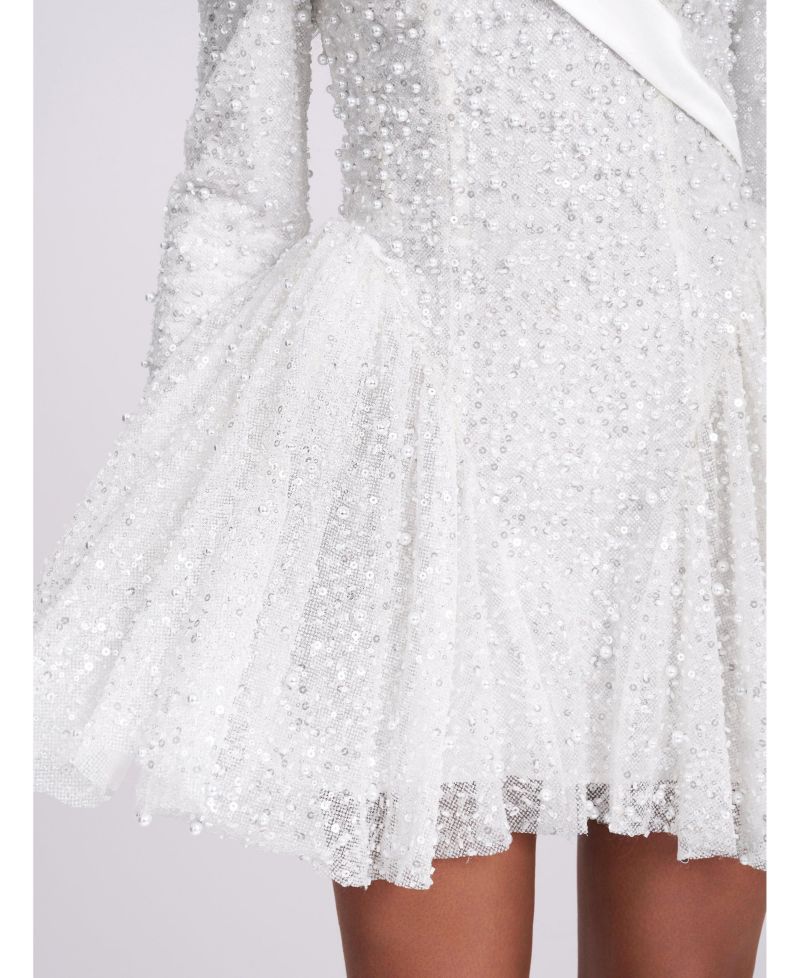 Women's Kira Bead Embroidered Mesh Off Shoulder Long Sleeve Mini Dress