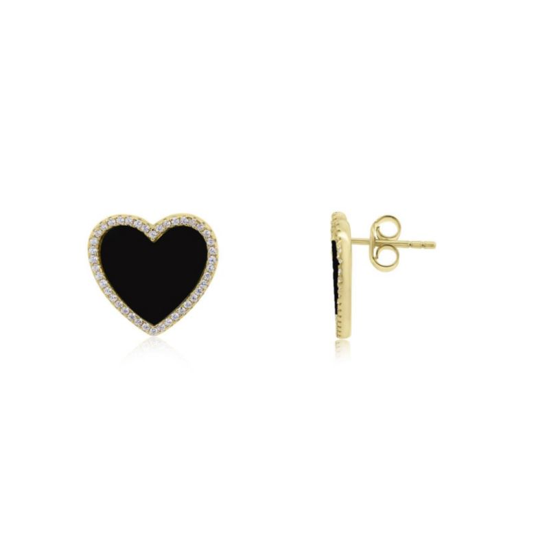 Large Onyx CZ Halo Heart Stud Earrings 14K Gold-Plated Sterling Silver