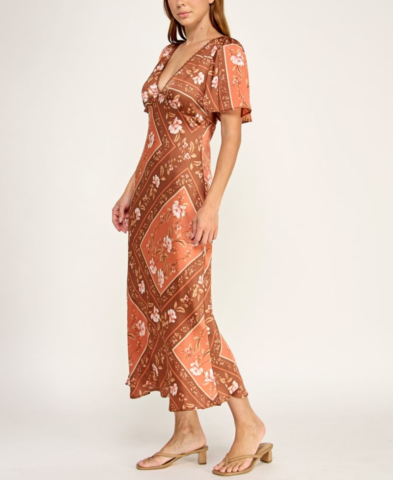 Juniors' Slim-Fit Floral Printed Satin Midi Dress