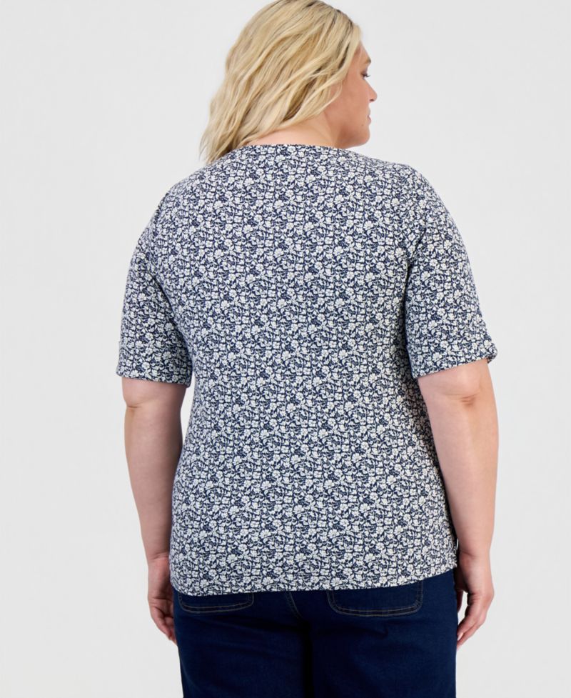 Petite Printed Boat-Neck Elbow Sleeve Top