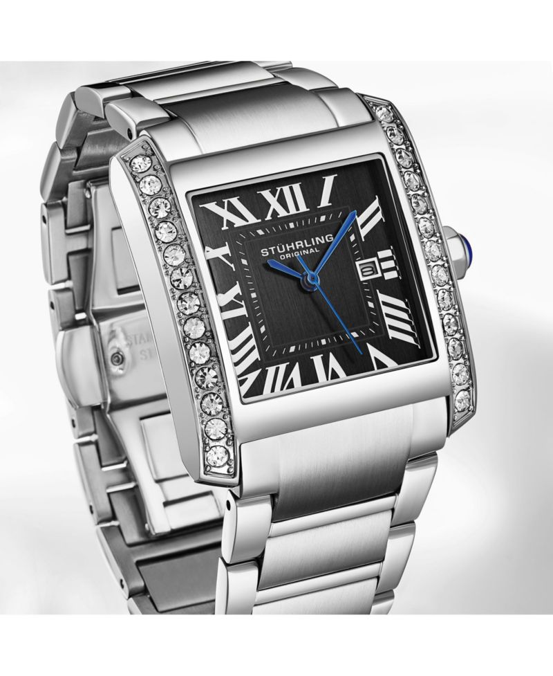 Elan Women s Rectangular Quartz Watch, Black Dial, Silver-Tone Stainless Steel Bracelet, Roman Numeral Dial and Date