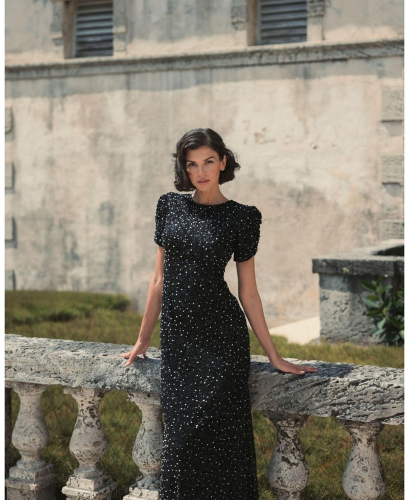 Petite Embellished Mesh High Neck Puff Sleeve Gown