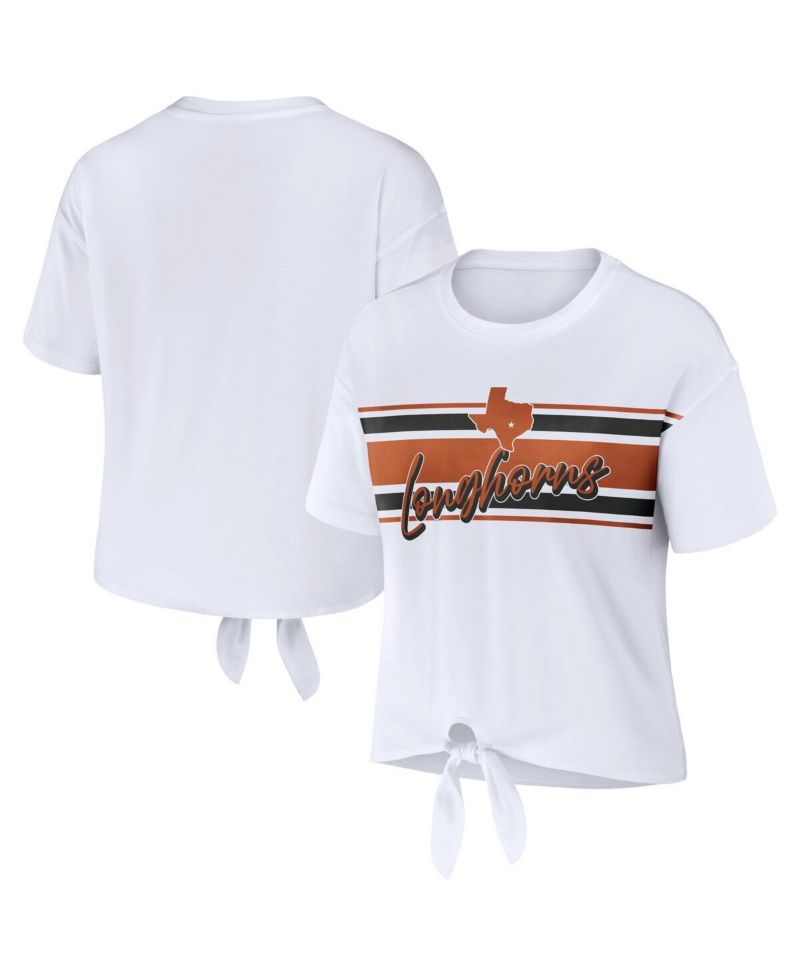 Women's White Texas Longhorns Striped Front Knot Cropped T-shirt