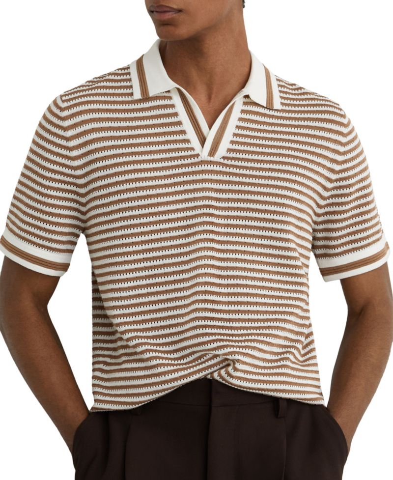 Men's Carl Ford Textured Stripe Linen Blend Open Neck Polo Shirt