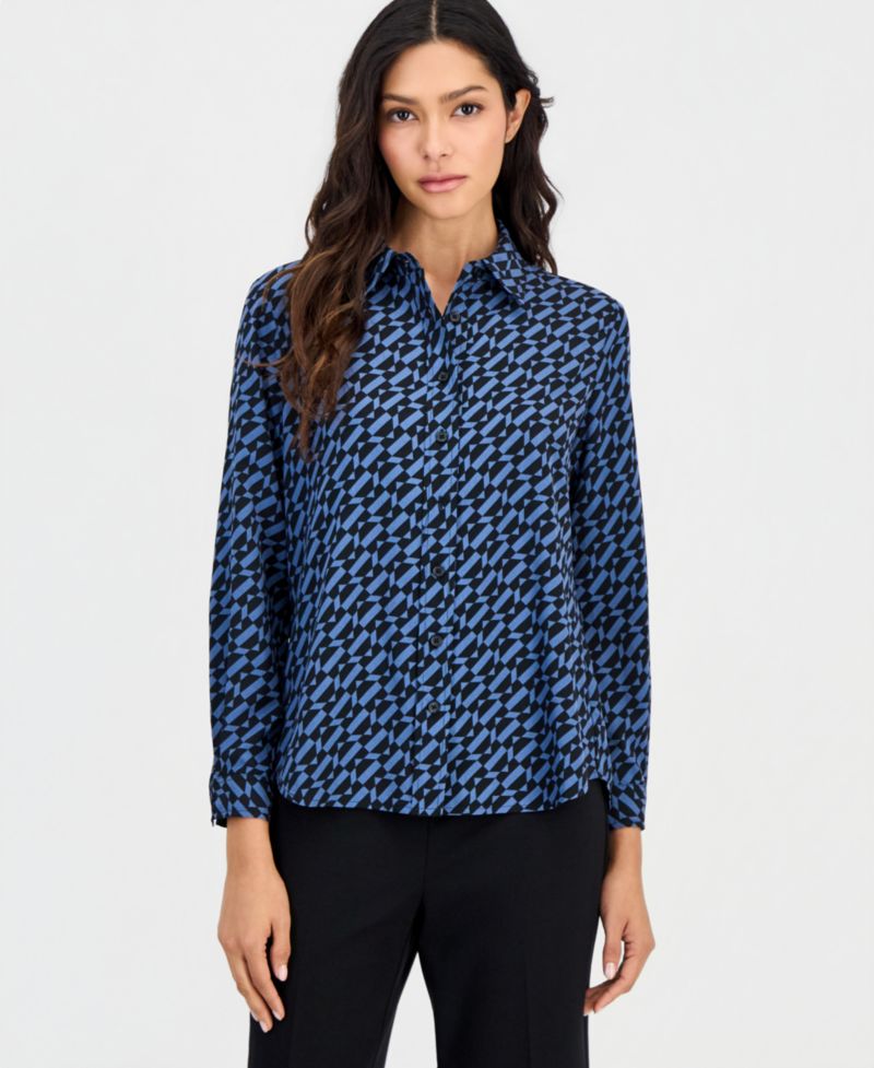 Petite Printed Button-Front Long-Sleeve Blouse
