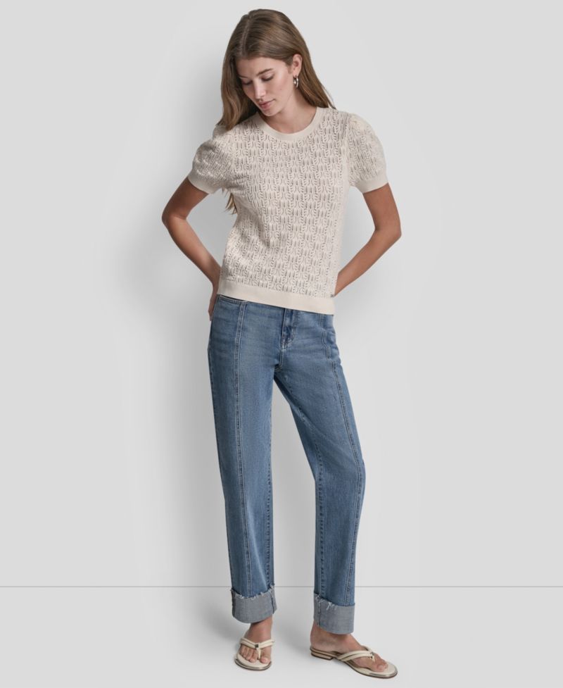 Women's Short Sleeve Crew Neck Lace Pointelle Sweater