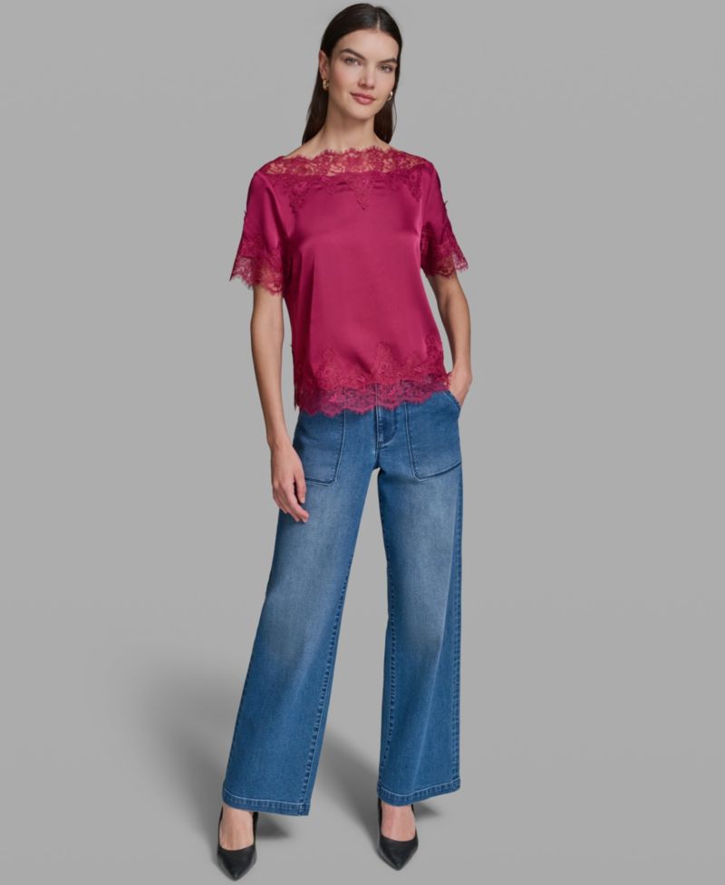 Women's Short-Sleeve Lace Trim Blouse