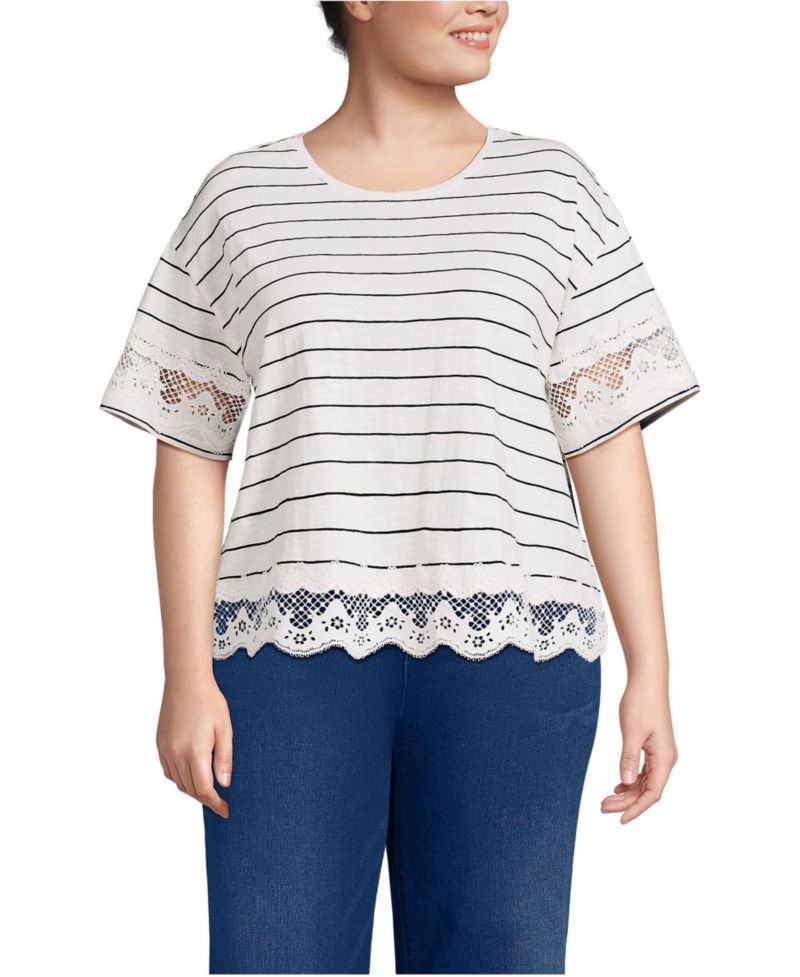 Plus Size Short Sleeve Slub Jersey Cutwork T-Shirt