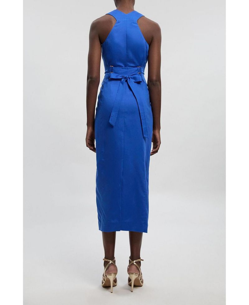 Women's Tailored Linen Corset Back Midi Dress