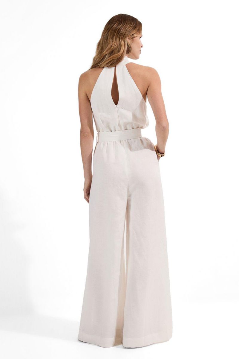 Women's Linen Blend Wide Leg Belted Jumpsuit