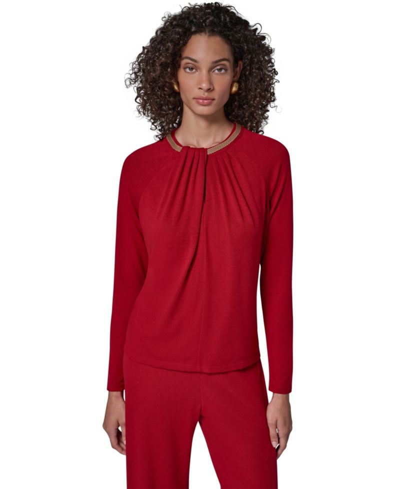 Women's Necklace Detail Long-Raglan Sleeves Keyhole Cutout Pullover Sweater