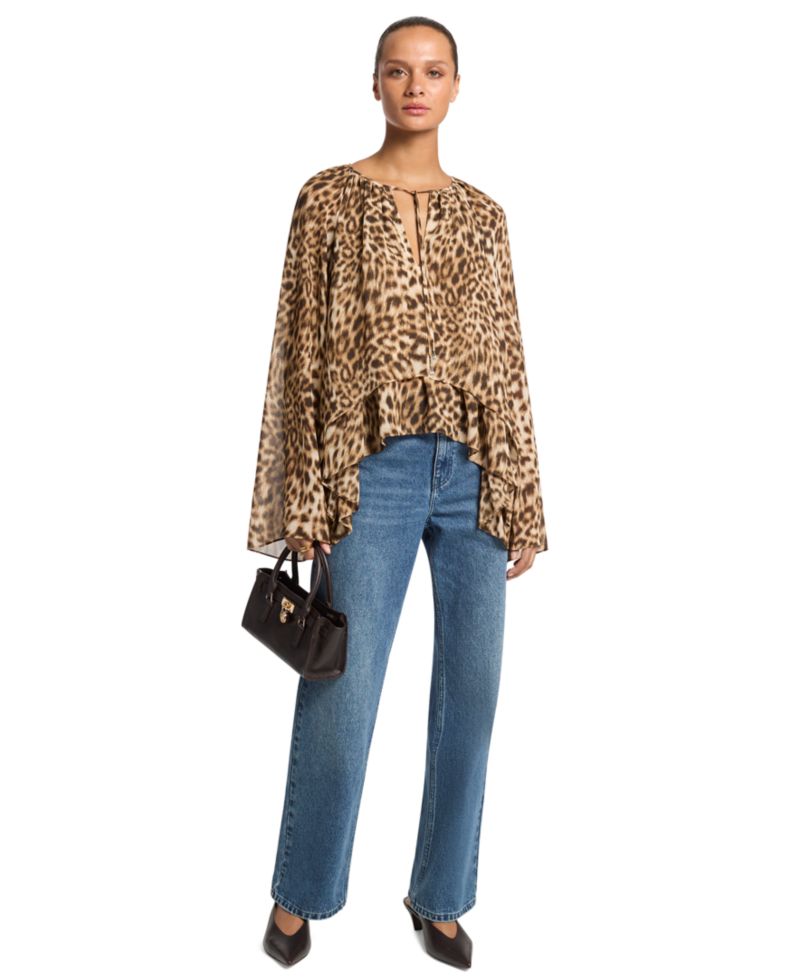 Women's Long-Sleeve Leopard-Print High-Low Blouse
