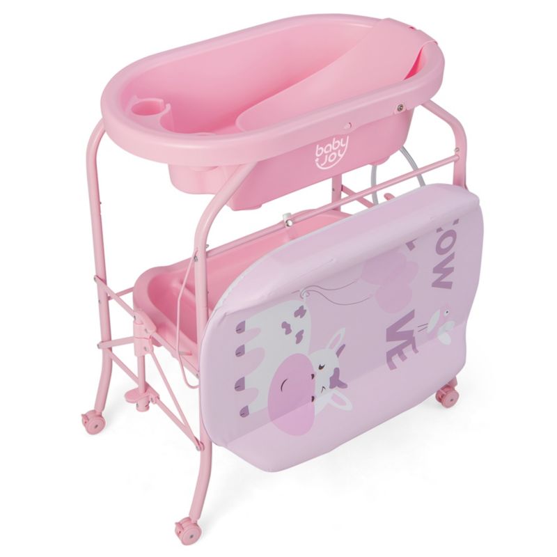 Baby Changing Table with Bathtub, Folding Diaper Station with Wheels