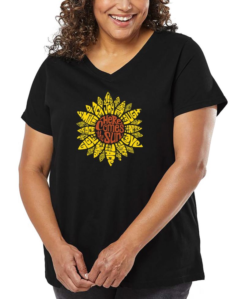 Plus Size Sunflower Word Art V-Neck T-Shirt