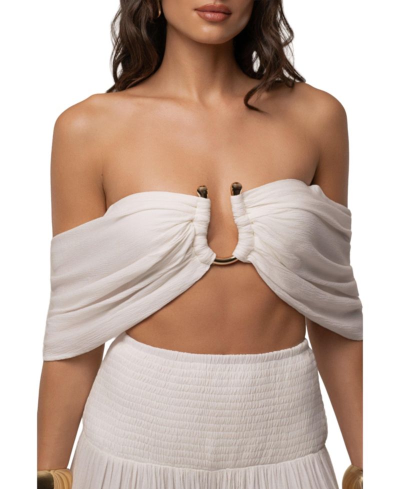 Women's Hidden Gems Tier Off-the-Shoulder Crop High-Waisted Top and Pants, 2-Piece Set